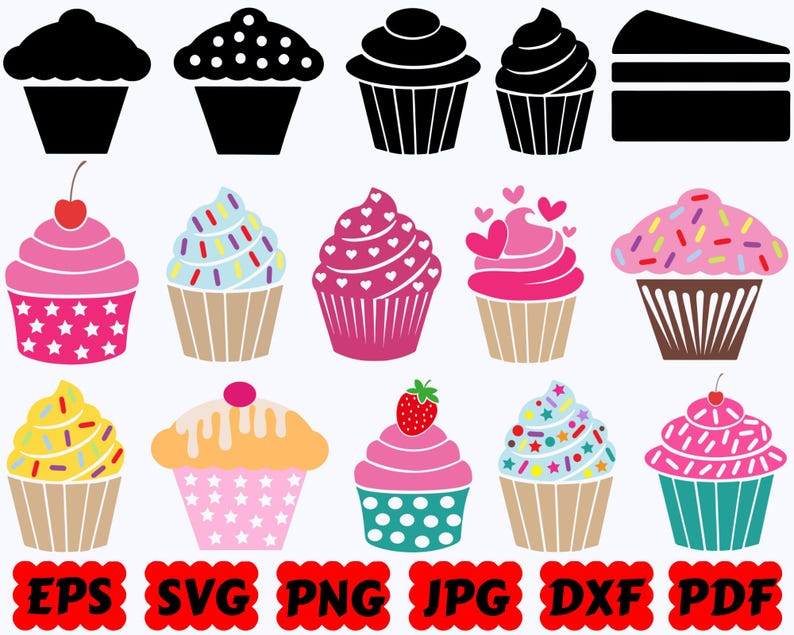 May include: A collection of fifteen cupcake and cake illustrations arranged in three rows. The top row features five black silhouettes. The middle and bottom rows display colorful cupcakes with various toppings like cherries, sprinkles, hearts, and strawberries.