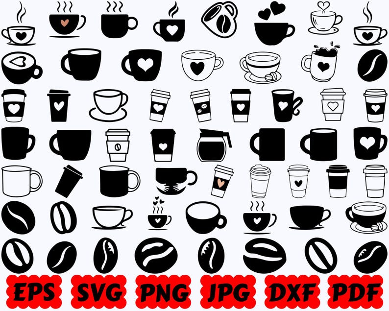 May include: A collection of black and white vector icons featuring various coffee mugs, disposable cups, and coffee beans. Some mugs display heart shapes, steam lines, or handle details. The bottom of the image lists file formats: EPS, SVG, PNG, JPG, DXF, and PDF.