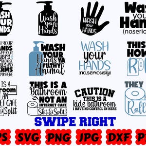 Pu&ograve; includere: Una raccolta di design grafici digitali con tipografia e illustrazioni a tema bagno, inclusi dispenser di sapone, impronte di mani e rotoli di carta igienica con frasi come Wash Your Hands, This Is How I Roll e Swipe Right.
