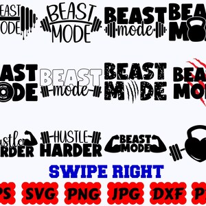 Puede incluir: Una colecci&oacute;n de dise&ntilde;os gr&aacute;ficos negros con las frases Beast Mode y Hustle Harder, que incorporan iconos de fitness como mancuernas, pesas rusas y brazos flexionados. El texto incluye los formatos de archivo EPS, SVG, PNG, JPG, DXF y PDF.