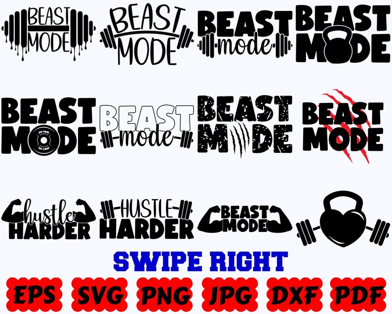 Puede incluir: Una colecci&oacute;n de dise&ntilde;os gr&aacute;ficos negros con las frases Beast Mode y Hustle Harder, que incorporan iconos de fitness como mancuernas, pesas rusas y brazos flexionados. El texto incluye los formatos de archivo EPS, SVG, PNG, JPG, DXF y PDF.