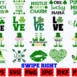 May include: A collection of St. Patrick's Day digital graphics featuring green shamrocks, leprechaun hats, legs, lips, and hearts. Text includes phrases like CAN'T PINCH THIS, MISTER LUCKY CHARM, ONE LUCKY MAMA, and LOVE. Includes file formats EPS, SVG, PNG, JPG, DXF, PDF.