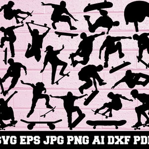 以下が含まれることがあります： さまざまなトリックを実行するスケートボーダーの16の黒いシルエット画像のコレクション。画像はピンクの背景に設定されています。