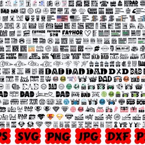 Può includere: Una collezione digitale di design grafici in bianco e nero con varie tipografie e illustrazioni legate alla paternità, incluse frasi come Best Dad Ever, Dad Life e Papa, con etichette di formato file EPS, SVG, PNG, JPG, DXF e PDF.