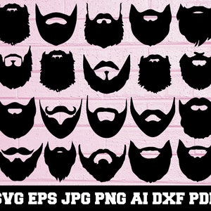 Puede incluir: Un conjunto de 20 ilustraciones de silueta de barba en blanco y negro. Los estilos de barba son variados, incluyendo barbas completas, perillas y bigotes.
