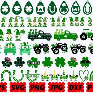 May include: A collection of St. Patrick's Day digital graphics featuring green shamrocks, gnomes, trucks, tractors, monster trucks, horseshoes, rainbows, and unicorns. The text "HAPPY ST. PATRICK'S DAY", "YOUR TEXT", "EPS", "SVG", "PNG", "JPG", "DXF", "PDF" is visible.