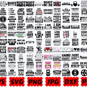 Puede incluir: Una colecci&oacute;n de dise&ntilde;os gr&aacute;ficos en blanco y negro con tipograf&iacute;a tem&aacute;tica de fitness e iconos como mancuernas, pesas rusas y barras de carga. El texto incluye frases como Beast Mode, Eat Sleep Gym Repeat y No Pain No Gain, con los formatos de archivo listados en la parte inferior.