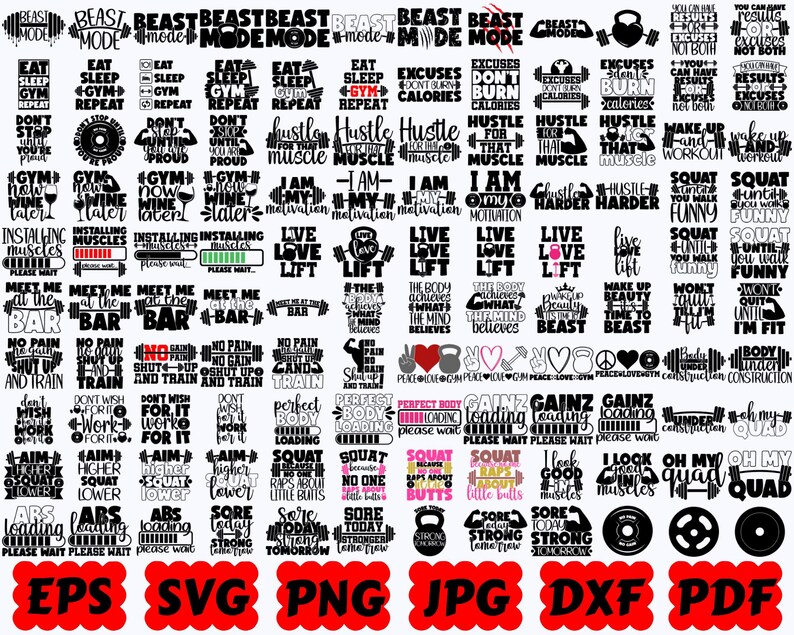 Puede incluir: Una colecci&oacute;n de dise&ntilde;os gr&aacute;ficos en blanco y negro con tipograf&iacute;a tem&aacute;tica de fitness e iconos como mancuernas, pesas rusas y barras de carga. El texto incluye frases como Beast Mode, Eat Sleep Gym Repeat y No Pain No Gain, con los formatos de archivo listados en la parte inferior.