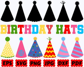 May include: A digital graphic featuring six black silhouettes of party hats above the text BIRTHDAY HATS in colorful block letters. Below are six colorful party hats with various patterns, including polka dots, stars, and stripes, followed by file format labels.