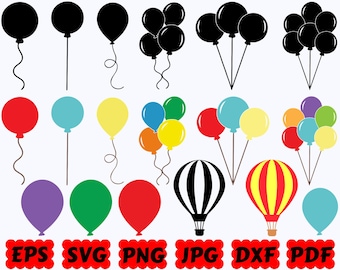 May include: A collection of digital balloon illustrations including solid black silhouettes, multi-colored balloons in various groupings, and two hot air balloons. The text EPS, SVG, PNG, JPG, DXF, and PDF appears in red at the bottom.