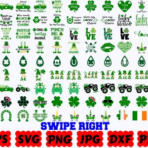 May include: A digital collection of St. Patrick's Day themed graphics featuring green shamrocks, leprechaun hats, gnomes, trucks, and text phrases like 'Lucky and Blessed' and 'Swipe Right'. The file formats EPS, SVG, PNG, JPG, DXF, and PDF are listed.