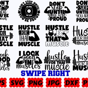 Puede incluir: Una colecci&oacute;n de doce dise&ntilde;os gr&aacute;ficos negros con textos sobre fitness e iconos como barras, pesas rusas y brazos musculosos. Las frases incluyen Don't Stop Until You're Proud, Hustle For That Muscle y I Look Good In Muscles. El texto dice SWIPE RIGHT.