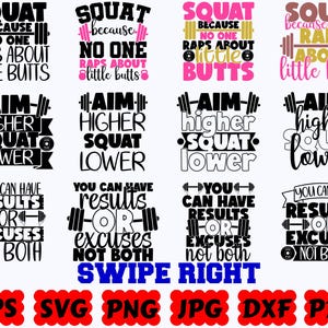 Puede incluir: Una colecci&oacute;n digital de doce dise&ntilde;os gr&aacute;ficos con tem&aacute;tica de fitness que incluyen iconos de pesas y textos motivacionales como Squat Because No One Raps About Little Butts, Aim Higher Squat Lower y You Can Have Results Or Excuses Not Both.