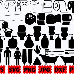 Pu&ograve; includere: Una collezione di icone da bagno in bianco e nero che include rotoli di carta igienica, servizi igienici, dispenser di sapone, spazzolini da denti, vasche da bagno e simboli di genere. In basso &egrave; presente il testo EPS, SVG, PNG, JPG, DXF e PDF.