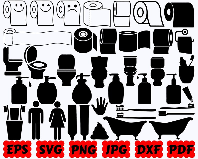 Pu&ograve; includere: Una collezione di icone da bagno in bianco e nero che include rotoli di carta igienica, servizi igienici, dispenser di sapone, spazzolini da denti, vasche da bagno e simboli di genere. In basso &egrave; presente il testo EPS, SVG, PNG, JPG, DXF e PDF.