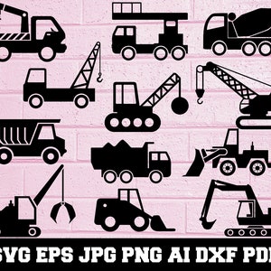 Puede incluir: Un conjunto de diez ilustraciones en silueta en blanco y negro de vehículos de construcción. Los vehículos incluyen una grúa, un camión volquete, una mezcladora de cemento, una excavadora, una retroexcavadora, una carretilla elevadora, un cargador de orugas, una excavadora, un cargador frontal y un tractor.