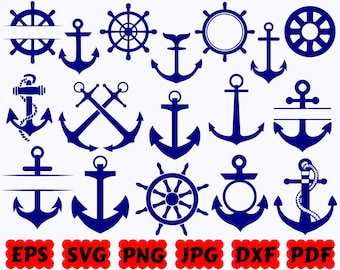 May include: A collection of dark blue nautical graphics featuring various anchor designs, ship wheels, and rope details. The bottom of the image displays the text EPS, SVG, PNG, JPG, DXF, and PDF in bold black letters on red scalloped shapes.
