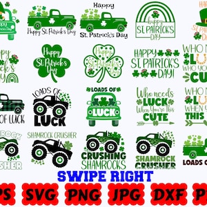 May include: A collection of twenty-one St. Patrick's Day digital graphic designs featuring green trucks, monster trucks, shamrocks, leprechaun hats, and text phrases like Happy St. Patrick's Day and Loads of Luck, with file formats listed at the bottom.