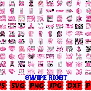 May include: A digital collection of breast cancer awareness graphic designs featuring pink ribbons, boxing gloves, footballs, butterflies, and inspirational text like Fight Cancer, Crush Cancer, and In October We Wear Pink, presented in a grid layout.