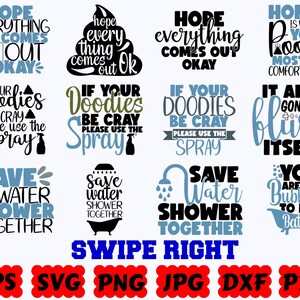 Pu&ograve; includere: Una collezione di dodici design grafici digitali con tipografia e icone umoristiche a tema bagno in nero e blu. Il testo include frasi come Hope Everything Comes Out Okay, Save Water Shower Together e Swipe Right.
