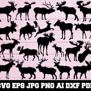 May include: A collection of 18 black silhouette images of moose and elk with antlers. The images are set against a pink background.