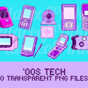 May include: A set of ten pixel art images depicting various 2000s tech gadgets in purple and pink hues. The images include a mobile phone, a camera, a games console, a webcam, and a PDA.