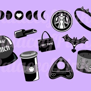 May include: A collection of black and white witch-themed illustrations on a lavender background. Includes a crystal ball with "Basic Witch" text, a lipstick, a coffee cup with a skull, a Ouija board, a bat, a studded ring, and a "Hot Topic" bag.