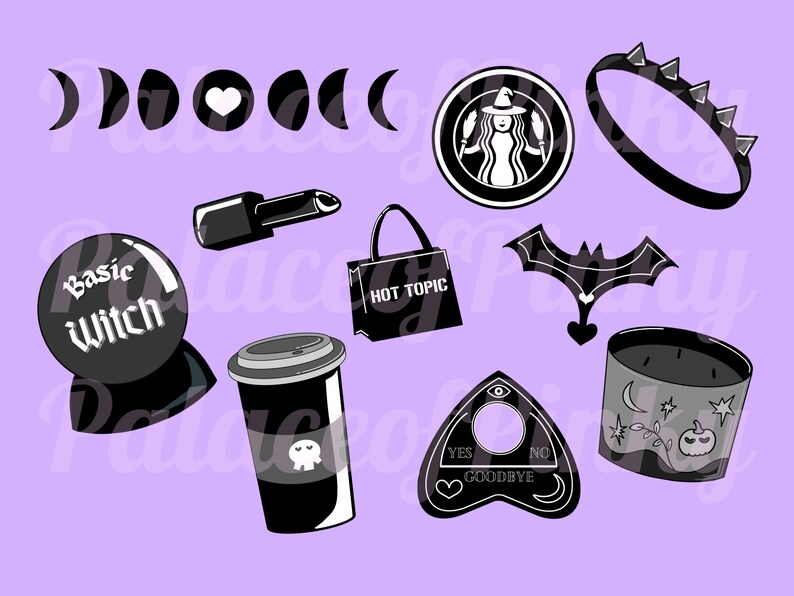 May include: A collection of black and white witch-themed illustrations on a lavender background. Includes a crystal ball with "Basic Witch" text, a lipstick, a coffee cup with a skull, a Ouija board, a bat, a studded ring, and a "Hot Topic" bag.