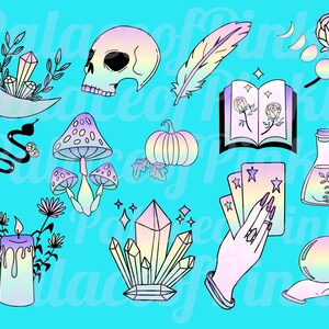 May include: A set of 12 iridescent stickers featuring various mystical and magical imagery, including a crescent moon, a skull, a feather, a book, a pumpkin, mushrooms, a snake, a crystal, a candle, tarot cards, a potion bottle, and a crystal ball.
