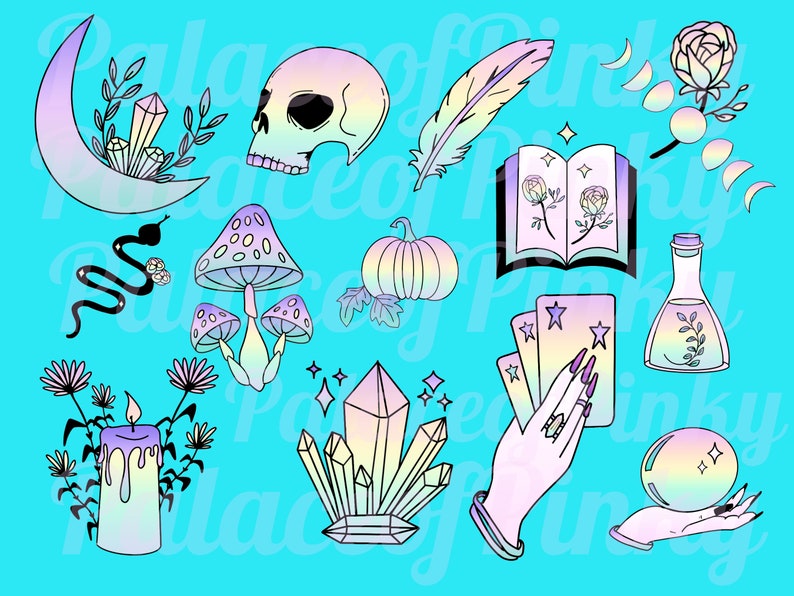 May include: A set of 12 iridescent stickers featuring various mystical and magical imagery, including a crescent moon, a skull, a feather, a book, a pumpkin, mushrooms, a snake, a crystal, a candle, tarot cards, a potion bottle, and a crystal ball.
