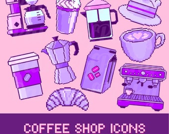 Pixel Art Coffee Shop Icons | Cute Digital Download for Cafe | Twitch Assets | Cute Clipart | Planner Digital Download | Pop Culture