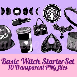 May include: A selection of black and white witch-themed illustrations, featuring moon phases, a lipstick, a coffee cup with a skull, a Hot Topic bag, a Ouija board, a bat, a candle, a crown, and a crystal ball. Text reads "Basic Witch Starter Set".