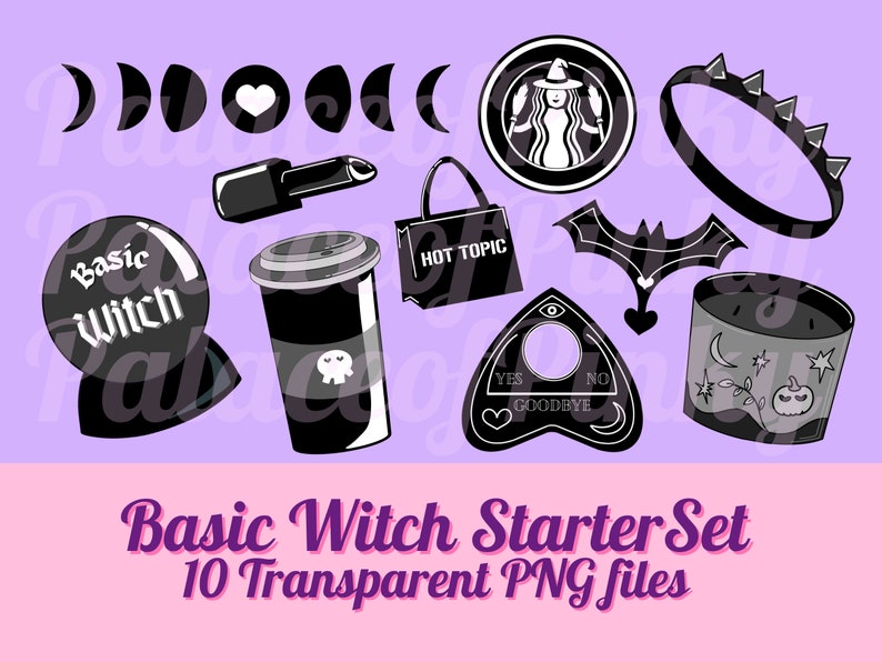 May include: A collection of black and white witch-themed graphics, including moon phases, a lipstick, a coffee cup with a skull, a Hot Topic bag, a Ouija board, a bat, a candle, a crown, and a crystal ball. Text reads "Basic Witch Starter Set".