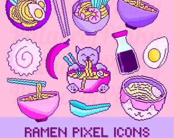 Pixel Art Ramen Icons | Cute Digital Download for Noodle Lover | Twitch Assets | Cute Clipart | Planner Digital Download | Nekko Pixel Art