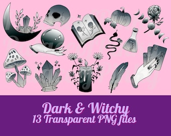 Dark Witch Clip Art Images | Twitch Assets | Clipart Bundle | Planner Digital Download | Magic | Mystical | Goth Icon