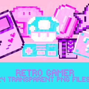 May include: A set of 8 retro gamer pixel art graphics in pink, purple, blue and white. The graphics include a game console, a mushroom, a star, a question mark block, and a game cartridge.  The text "Retro Gamer 24 Transparent PNG Files" is at the bottom of the image.