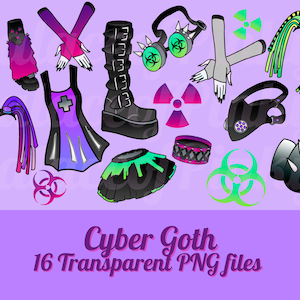 May include: A set of 16 digital clipart images in a cyberpunk goth style. The images include clothing, accessories, and symbols. The colors are black, green, pink, and purple.