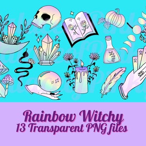 May include: A set of 13 digital illustrations featuring rainbow-colored witchy elements, including a crescent moon, crystals, a skull, a book, a pumpkin, a potion bottle, a feather, tarot cards, a hand holding a crystal ball, mushrooms, and a candle.