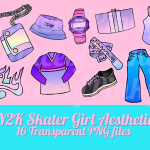 Y2K Esthetische Skater Girl Clip Art Bundelafbeeldingen | Twitch-activa | Clipart voor Planner | Digitaal downloaden | Pop cultuur