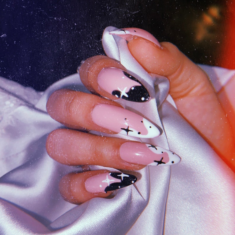 Celestial Tips Press on Nails Black White Abstract Nails Etsy