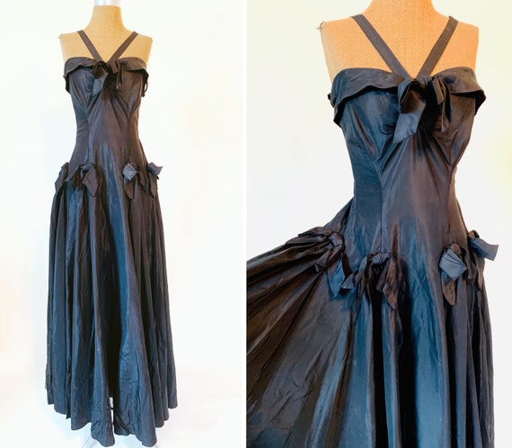 Vintage 1940’s Black Gothic Taffeta Bow Gown by Ne