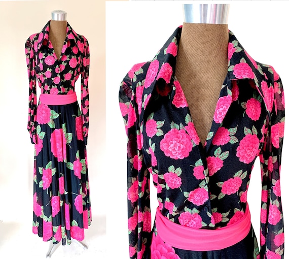 Vintage 70’s Dramatic Floral Collared Maxi Dress G