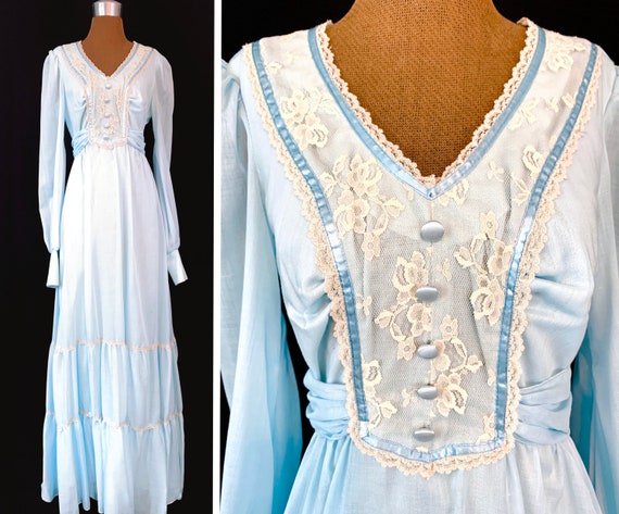 Vintage 70’s Powder Blue Lace Ruffle Prairie Maxi