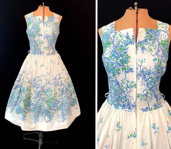 Vintage 50’s Trees and Flowers Novelty Print Cotto