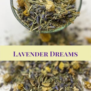 May include: A close-up of a blend of dried herbs and flowers, including lavender, chamomile, and other botanicals. The text "LAVENDER DREAMS" is displayed on a yellow background.
