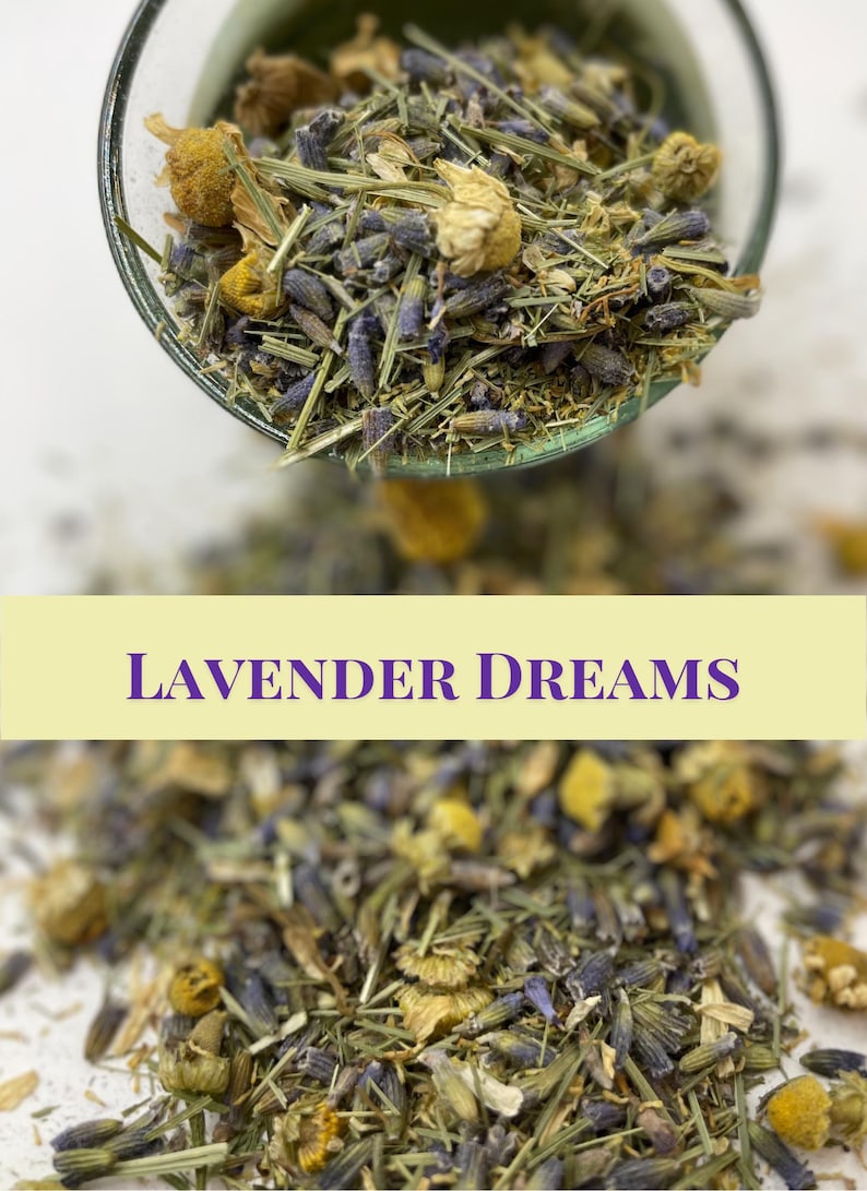 May include: A close-up of a blend of dried herbs and flowers, including lavender, chamomile, and other botanicals. The text "LAVENDER DREAMS" is displayed on a yellow background.