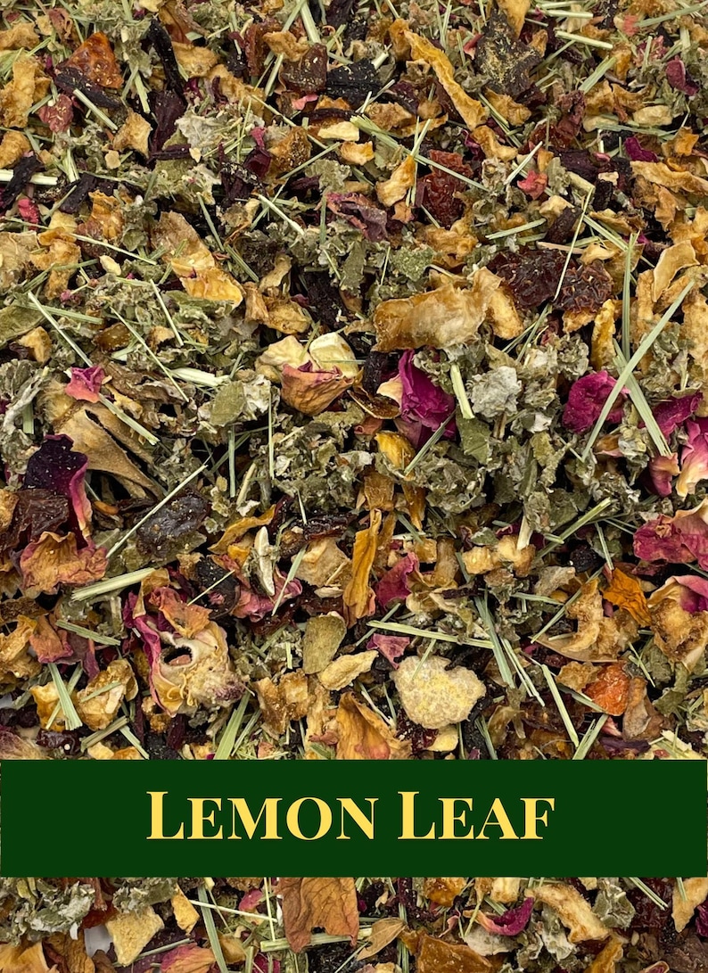 May include: Close-up of a blend of dried herbs, fruits, and flowers. The mix includes green leafy herbs, dried rose petals, orange peel, and other ingredients. The text "LEMON LEAF" is displayed on a green banner.