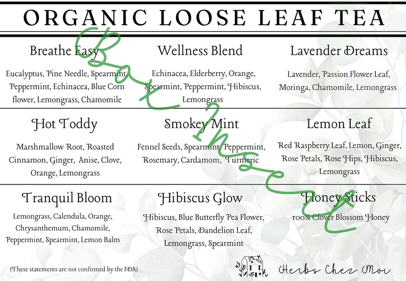 May include: A colorful chart listing different organic loose leaf tea blends with their ingredients. The blends include Breathe Easy, Hot Toddy, Tranquil Bloom, Wellness Blend, Smokey Mint, Hibiscus Glow, Lavender Dreams, Lemon Leaf, and Honey Sticks.