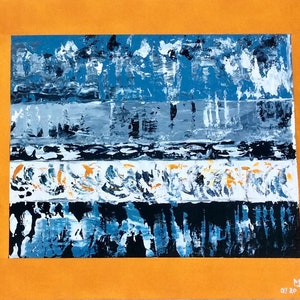 Tableau peinture abstrait acrylique carton entoilé bandes jaune bleu géométrique  ile de Batz Bretagne