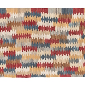 Alfombra Kilim de lana hecha a mano, tejido plano anatolio con zigzag colorido, decoración tribal.